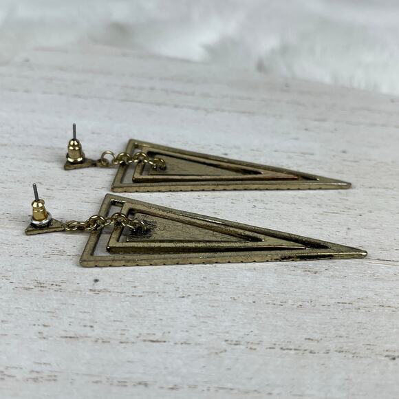 Gold Tone Tiered Triangle Cairo Dangle Earrings Black Geo Geometric Boho Jewelry - Picture 9 of 16